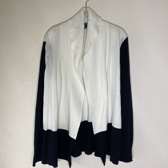 Lauren Ralph Lauren Cotton Open Cardigan Sweater XL Black & White Colorblock Off - Picture 1 of 10